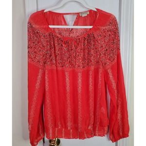 Lucky Brand Womens Top Sz Large Red Paisley Print Boho Sheer Smocked Hem Blouse